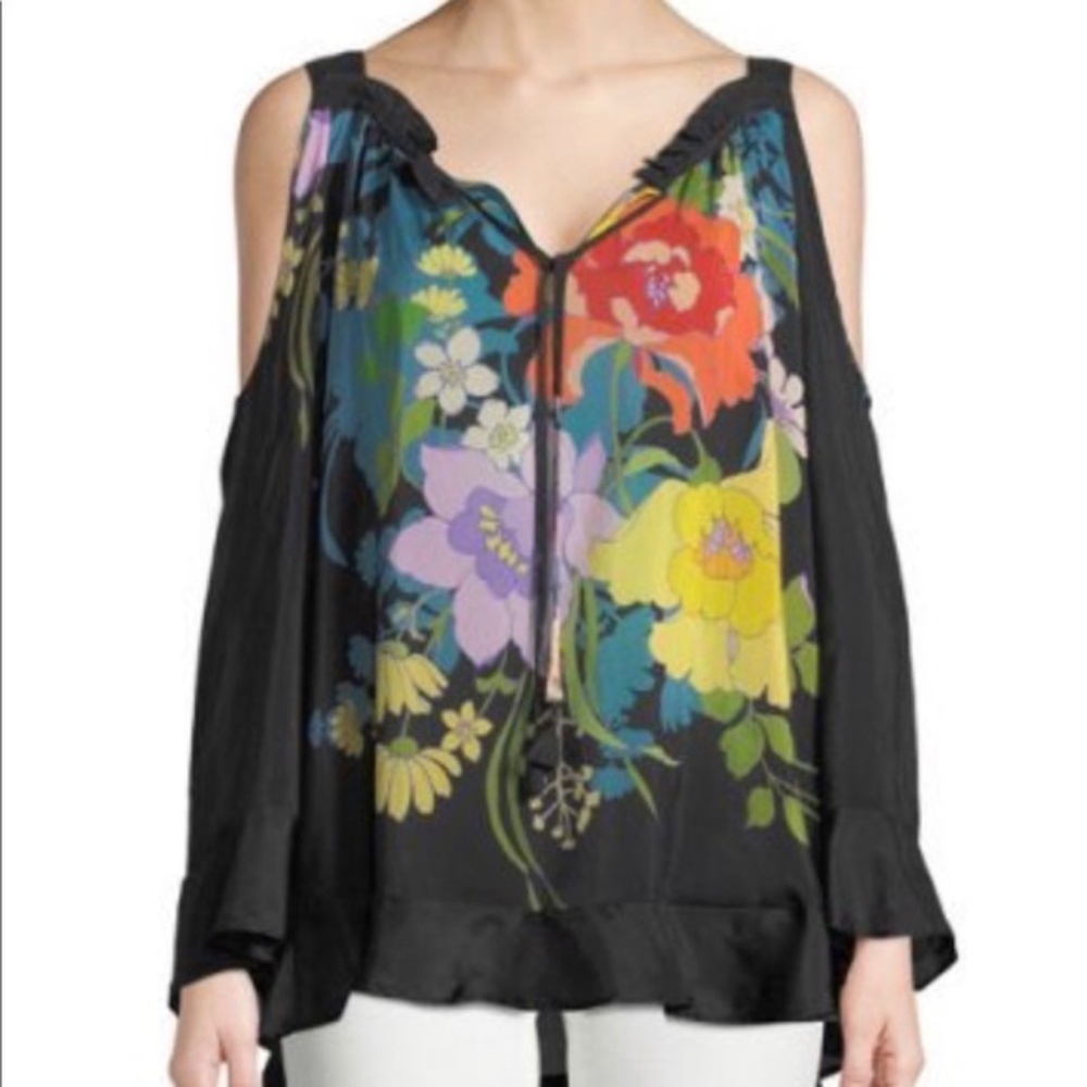 Johnny Was Fusion Cold Shoulder Floral Print Blouse Black Sz S Cruise Resort